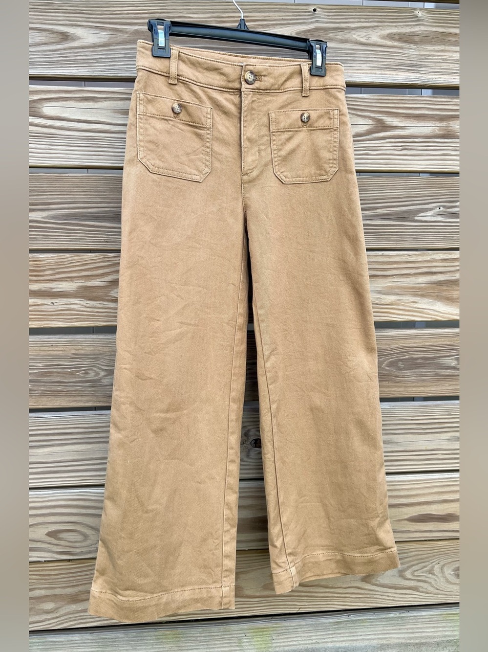 Loft Women’s Tan Palmer Wide Length Crop High Waist Pant Patch Pockets Size 0